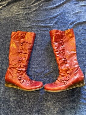 Miz Mooz Cranberry Red Bloom Button-Detail Knee High Boots